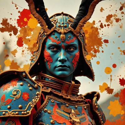The primary subject of the image is a woman wearing a blue and gold costume, which appears to be a combination of armor and a horned headpiece. The setting is a colorful background, possibly a painting or a digital artwork. The visual style is a mix of photo and digital art, creating a unique and eye-catching image. The colors and mood of the image are vibrant and lively, with the blue and gold costume standing out against the colorful background.